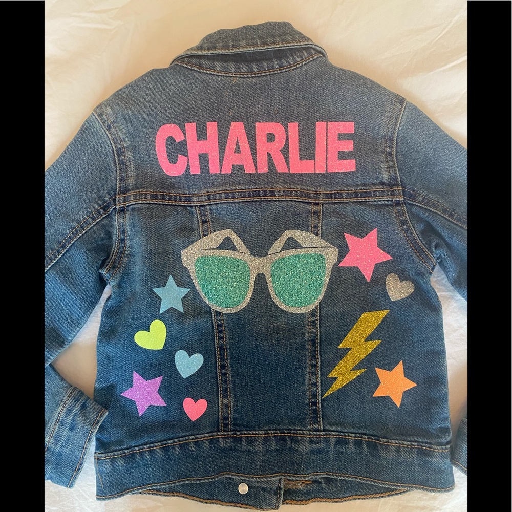 Personalized Kids Denim Jacket with Colorful Glitter Patches - Pink CHARLIE